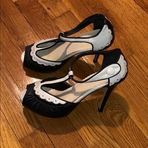 Black and cream open toe vintage style heels